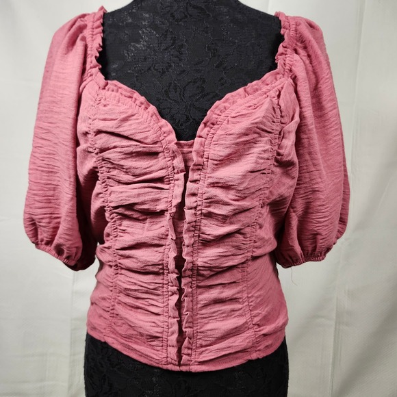 Sienna Sky Pink Ruched Puff Sleeve Square Neck Button Front Top L - Picture 2 of 7